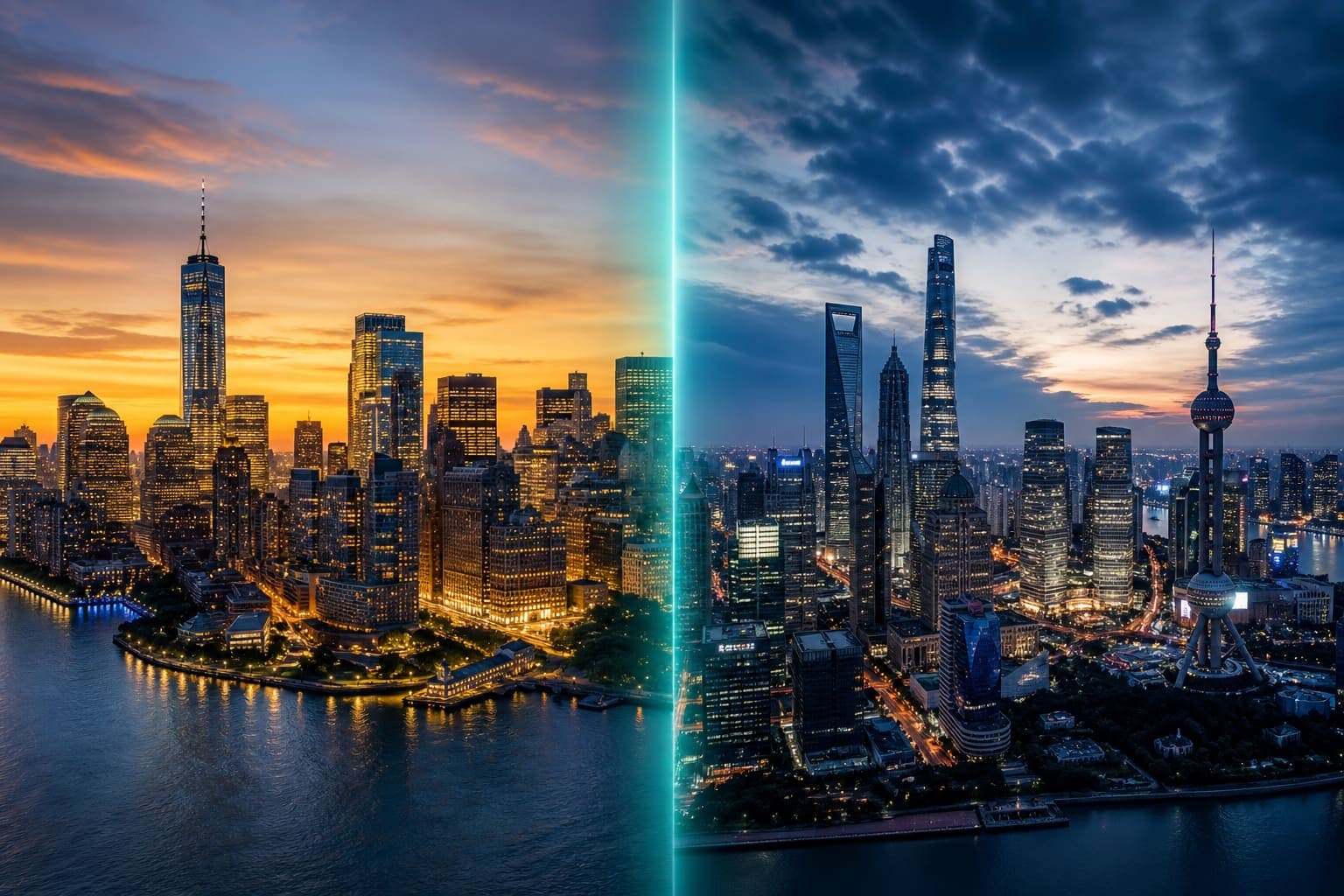 Split city skylines for side-by-side comparisons illustrating “United States vs Canada” on TopSearches.online — visit /compare/united-states-vs-canada